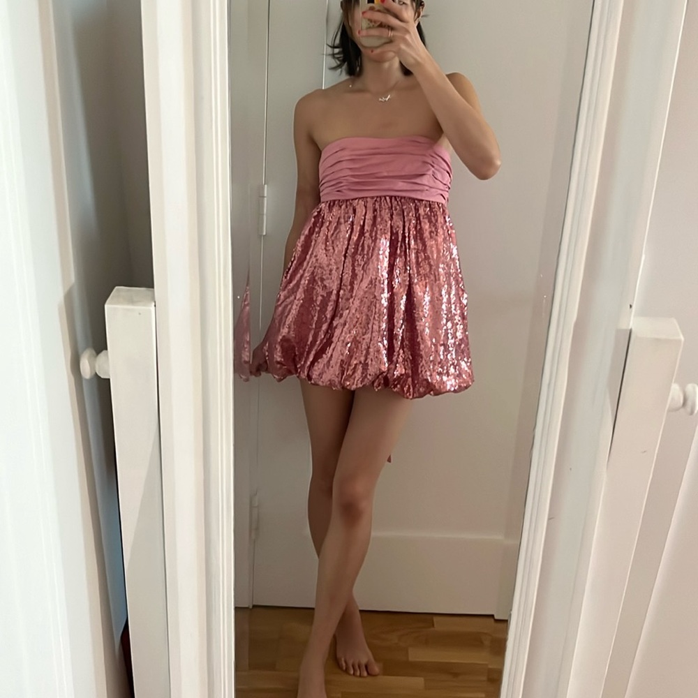 NWT Loveshackfancy pink sequin niko mini bubble dress